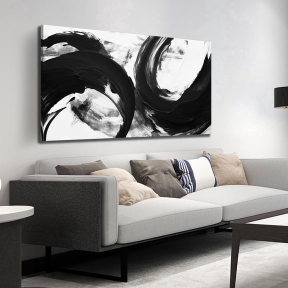 Black White Thick Brushstroke Abstract Canvas Wall Art, Modern Ink Swirl Texture Print Wall Decor, 48x24 Inch Minimalist Picture for Living Room Bedroom Office Home Decoration