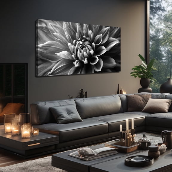 Black White Dahlia Flower Canvas Wall Art, Monochrome Large Floral Print Wall Decor, 40x20 Inches Botanical Picture for Living Room Bedroom Home Decoration