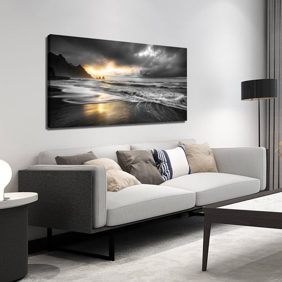 48x24 Inches Black and White with Gold Accent Sunset Beach Wall Art, Reynisfjara Iceland Black Sand Beach Ocean Wave Landscape Canvas Print, Modern Seaside Wall Decor for Home Office