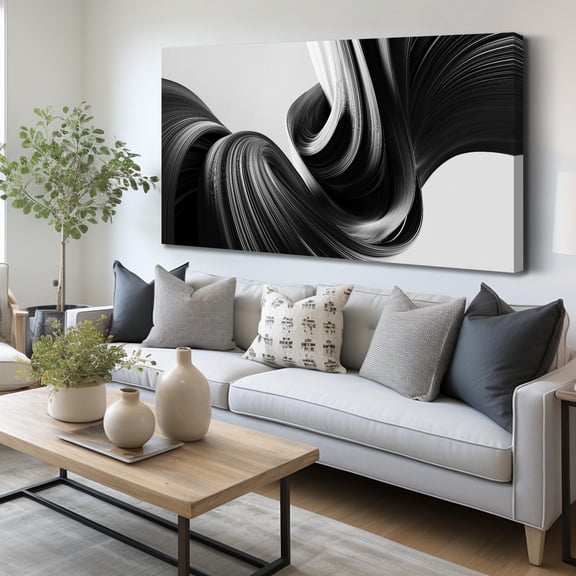 Black White Flowing Wave Line Abstract Canvas Wall Art, Modern Swirl Stripes Geometric Print Wall Decor, 48x24 Inches Minimalist Picture for Living Room Bedroom Office Home