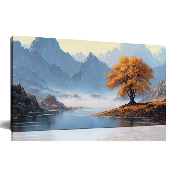 Golden Autumn Tree Mountain Lake Landscape Canvas Wall Art, Misty Valley River Scenery Nature Painting, 48x24 Inch Modern Mountain View Wall Decor Picture for Living Room Bedroom Office