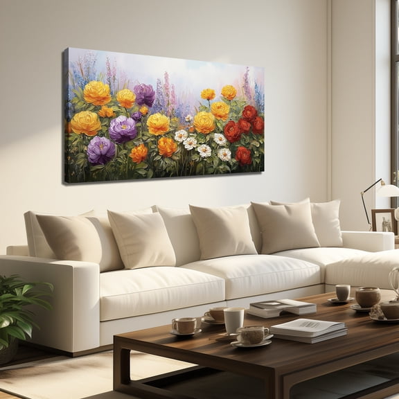 Colorful Wildflower Floral Wall Art, Purple Yellow Red Poppy Daisy Flower Field Landscape Canvas Print, 48x24 Inches Botanical Nature Artwork for Living Room Bedroom Home Decor