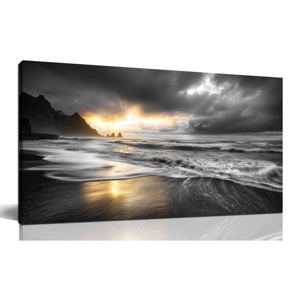 48x24 Inches Black and White with Gold Accent Sunset Beach Wall Art, Reynisfjara Iceland Black Sand Beach Ocean Wave Landscape Canvas Print, Modern Seaside Wall Decor for Home Office