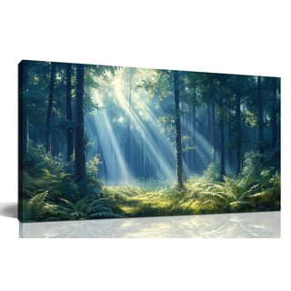 Misty Forest Canvas Wall Art Print, Sunlight Through Tall Pine Trees Green Woodland Landscape Painting, 48x24 Inch Modern Nature Scenery Wall Decor Picture for Living Room Bedroom Home Office