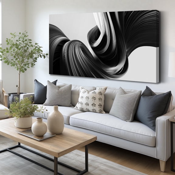 Black White Flowing Wave Line Abstract Canvas Wall Art, Modern Swirl Stripes Geometric Print Wall Decor, 48x24 Inch Minimalist Picture for Living Room Bedroom Office Home