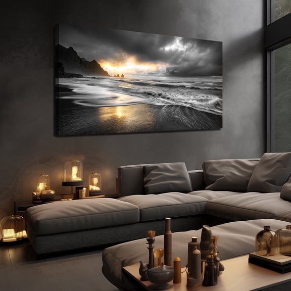 58x29 Inch Black and White with Gold Accent Sunset Beach Wall Art, Reynisfjara Iceland Black Sand Beach Ocean Wave Landscape Canvas Print, Modern Seaside Wall Decor Picture for Home Office