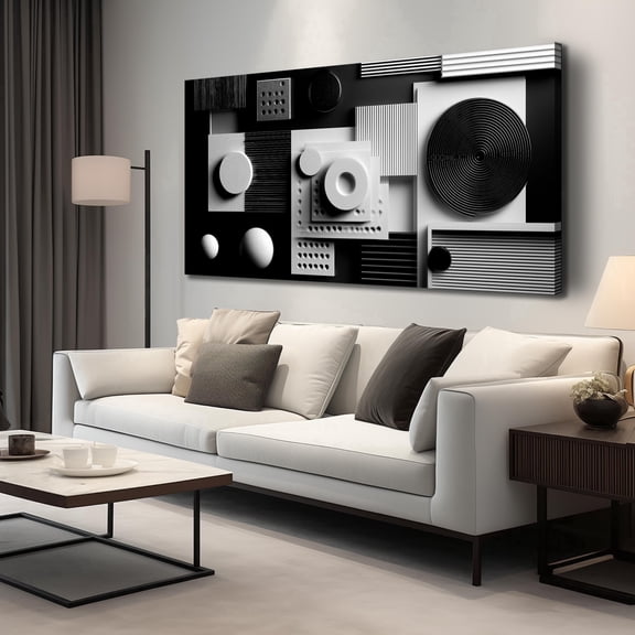 Black White Geometric Shape Abstract Canvas Wall Art, Modern Square Circle Texture Print Wall Decor, 58x29 Inch Minimalist Picture for Living Room Bedroom Office Home