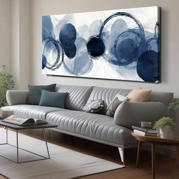 Blue Watercolor Circle Abstract Canvas Wall Art, Modern Indigo Circular Print Wall Decor, Large 58x29 Inches Minimalist Picture for Living Room Bedroom Office Home Decoration