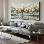 White Flower Tree Canvas Wall Art, Neutral Floral with Lake Reflection Print Wall Decor, 58x29 Inches Botanical Picture for Living Room Bedroom Farmhouse Home D