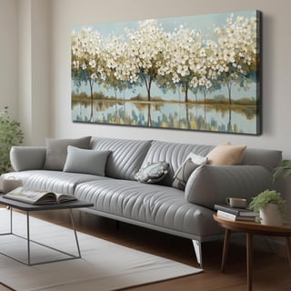White Flower Tree Canvas Wall Art, Neutral Floral with Lake Reflection Print Wall Decor, 58x29 Inches Botanical Picture for Living Room Bedroom Farmhouse Home Decoration