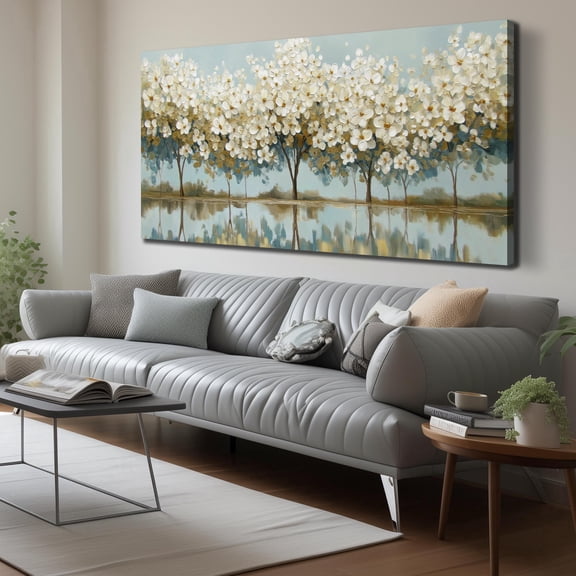 White Flower Tree Canvas Wall Art, Neutral Floral with Lake Reflection Print Wall Decor, 58x29 Inch Botanical Picture for Living Room Bedroom Farmhouse Home Decoration