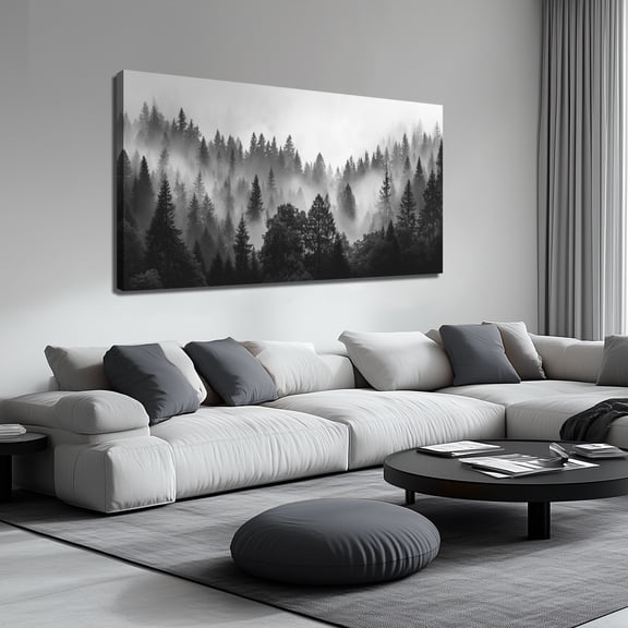 Black and White Misty Forest Mountain Canvas Wall Art Print, Foggy Pine Tree Landscape Woodland Scenery Painting, 58x29 Inches Minimalist Nature Wall Decor for Living Room Bedroom Home Office