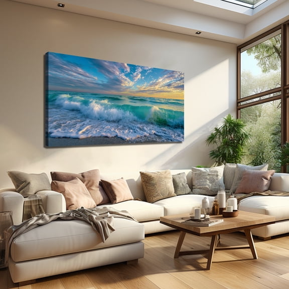 Sunset Ocean Waves Beach Landscape Canvas Wall Art, Teal Sea Surf with Colorful Sky Seaside Scenery Painting, 58x29 Inch Coastal Wall Decor Picture for Living Room Bedroom Home Office