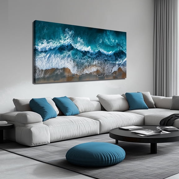 Abstract Ocean Wave Canvas Wall Art Print, Teal Blue Sea Foam Beach Landscape Painting Picture, 58x29 Inch Modern Coastal Decor Artwork for Living Room Bedroom Home Office