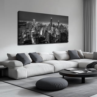 Black and White Chicago City Skyline Canvas Wall Art, Modern Urban Skyscraper Cityscape Painting, 58x29 Inch Contemporary City View Wall Decor Picture for Living Room Bedroom Home Office
