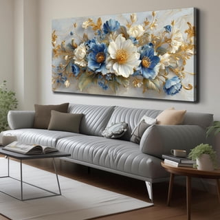 Blue White Gold Floral Canvas Wall Art, Luxury Abstract Flower Bouquet Painting, 58x29 Inches Modern Elegant Botanical Wall Decor for Living Room Bedroom Home