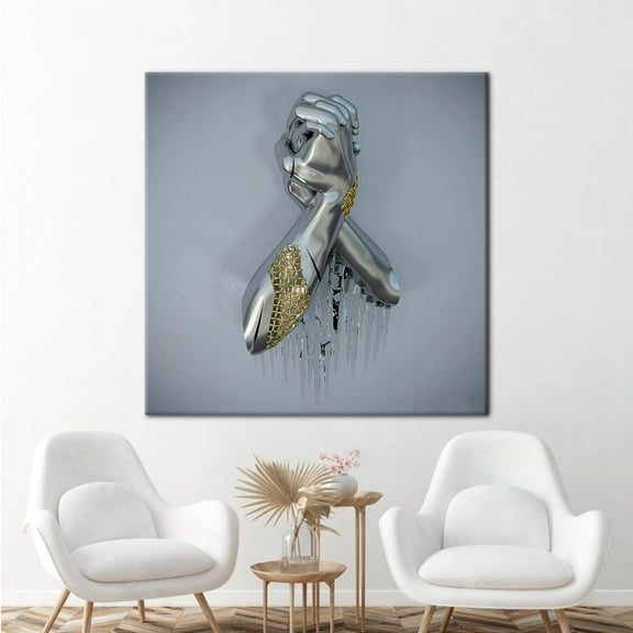 Modern Wall Art, Trendy Artwork, Metallic Hand Art Canvas, 3d Metallic Hand Printed Canvas, 3d Silver Metallic Canvas Art, 3d Effect Printed, Canvas Wall Decor - Rolled Canvas