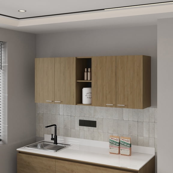 Modern Wall Cabinet For Kitchen In Natural Oak , 4 Doors And Open Storage Concept Cabinet, Space Saver, Practicality Advancing, Functionality Expanding