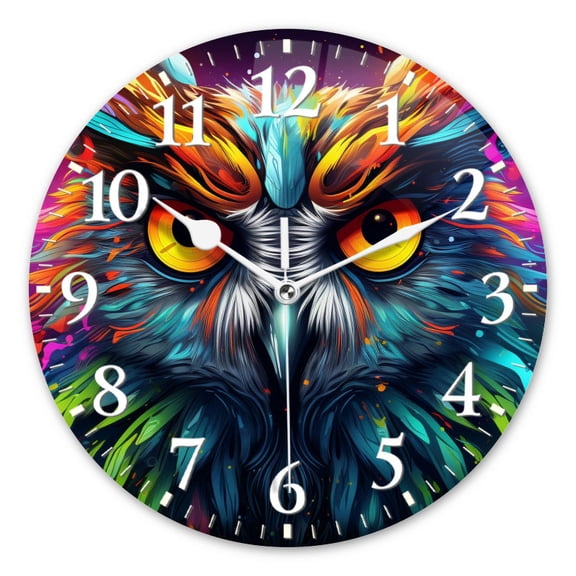 Modern Wall Clock Battery Operated Analog Clock Silent Non-Ticking Round Clock Decorative for Office,Bedroom-Colorful Owl Face With Glowing Eyes On Dark Background(12inch)