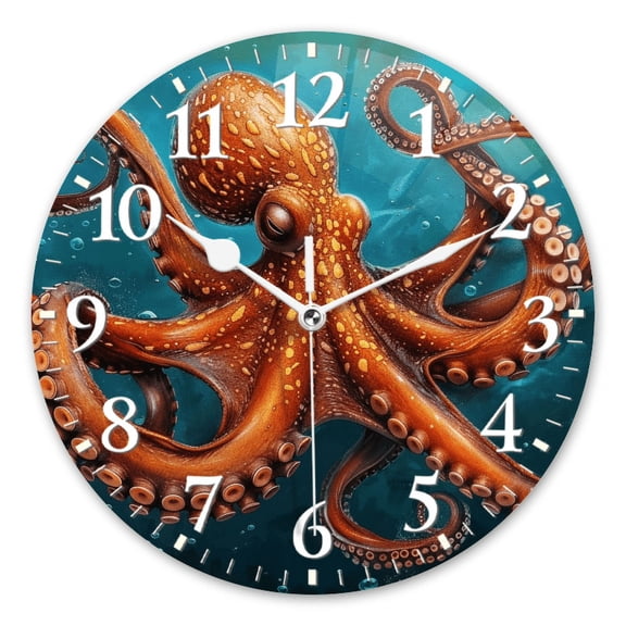 Modern Wall Clock Battery Operated Analog Clock Silent Non-Ticking Round Clock Decorative for Office,Bedroom-Majestic Octopus Gracefully Swimming In The Depths Of Ocean(12inch)