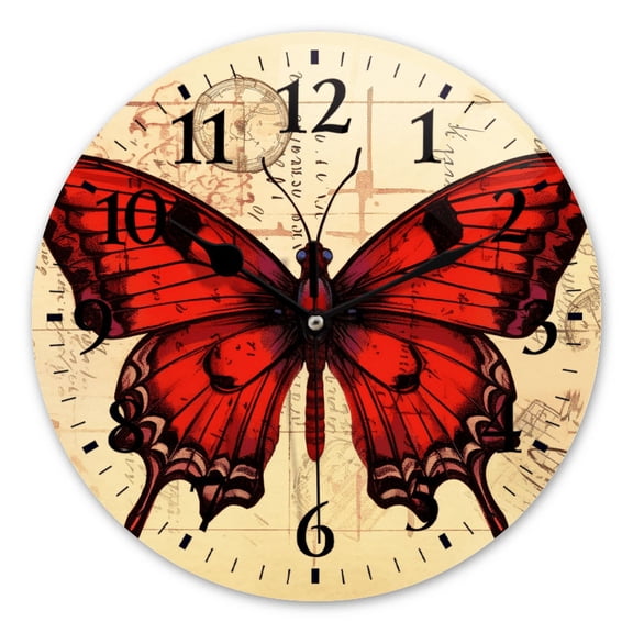 Round Wall Clock,Red Butterfly On Vintage Maps Background,Silent Non-Ticking Wall Clock Decor for Home Office Kitchen Living Room Bedroom(10inch)