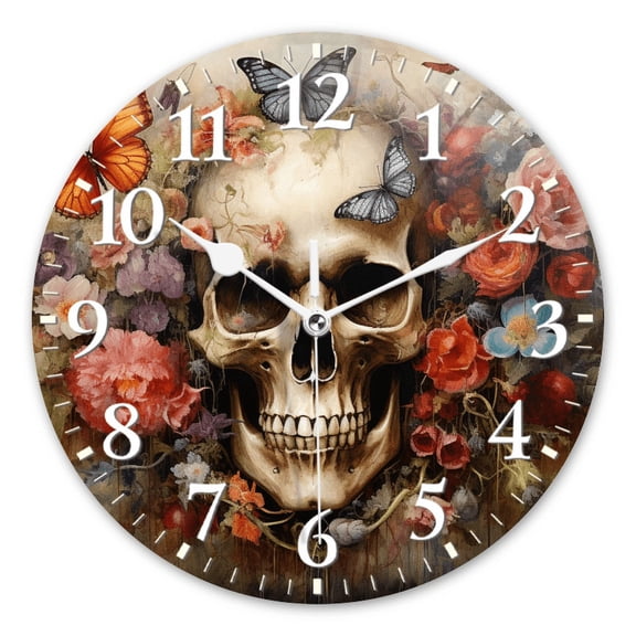 Round Wall Clock,Skull Surrounded By Flowers And Butterflies With Rich Colors,Silent Non-Ticking Wall Clock Decor for Home Office Kitchen Living Room Bedroom(10inch)