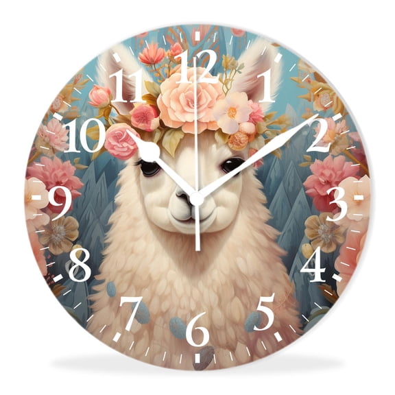 Modern Wall Clock Battery Operated Analog Clock with Quality Quartz Non-Ticking,Decorative for Kitchen-Alpaca Llama Flower Floral style(10inch)