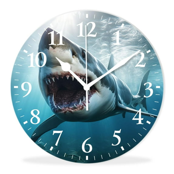 Modern Wall Clock Battery Operated Analog Clock with Quality Quartz Non-Ticking,Decorative for Kitchen-Scary Great White Shark (14inch)