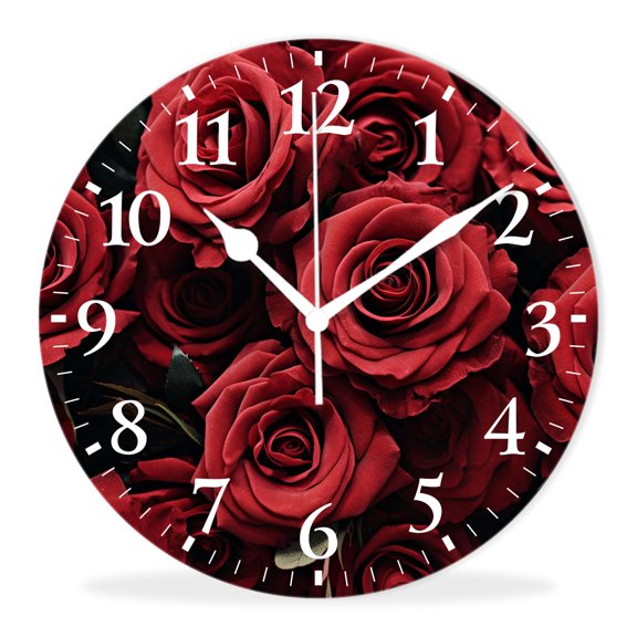 Modern Wall Clock Battery Operated Analog Clock with Quality Quartz Non-Ticking,Decorative for Kitchen-Stylish Rose Flower Floral Drawing(10inch)