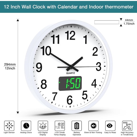 Modern Wall Clock with Light Sensor LED LCD Display 12 Inch Silent Non-Ticking Battery Operated for Home Office Gym