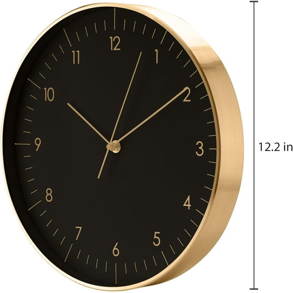 Modern Wall Clock with Silent Quartz Movement, Black & Gold, 12 Inch, & Functional Decor