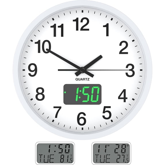 Modern Wall Clocks, Analog Clock Light Sensor/LED Time Display/LCD Time Date and Temperature Display, Battery Operated, 12 Inch Wall Clock Silent Non-Ticking Analog Classic for Office, Home, Gym, Sch