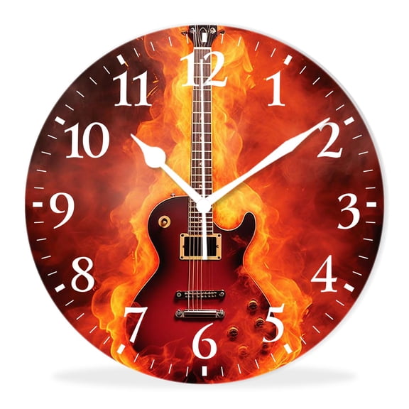 Modern Wall Clocks Decorative Non-Ticking Silent Quartz Movement Battery Operated Analog Clocks Decorative for Home-Exquisite Guitar Fire(10inch)