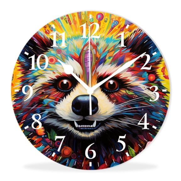 Modern Wall Clocks Decorative Non-Ticking Silent Quartz Movement Battery Operated Analog Clocks Decorative for Home-Peace Raccoon Drawing(10inch)