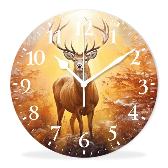 Modern Wall Clocks Non-Ticking Silent Battery Operated Analog Clock Decor Wall Clocks for Bathroom-Hipster Deer Landscape Nature Scenery Picture(14inch)