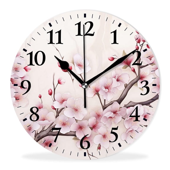 Modern Wall Clocks Non-Ticking Silent Battery Operated Analog Clock Decor Wall Clocks for Bathroom-Pink Cherry Blossoms Bloom Brightly in Spring Floral Art(10inch)