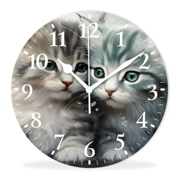Modern Wall Clocks Non-Ticking Silent Battery Operated Analog Clock Decor Wall Clocks for Bathroom-Animal Cute Cat Illustration(14inch)
