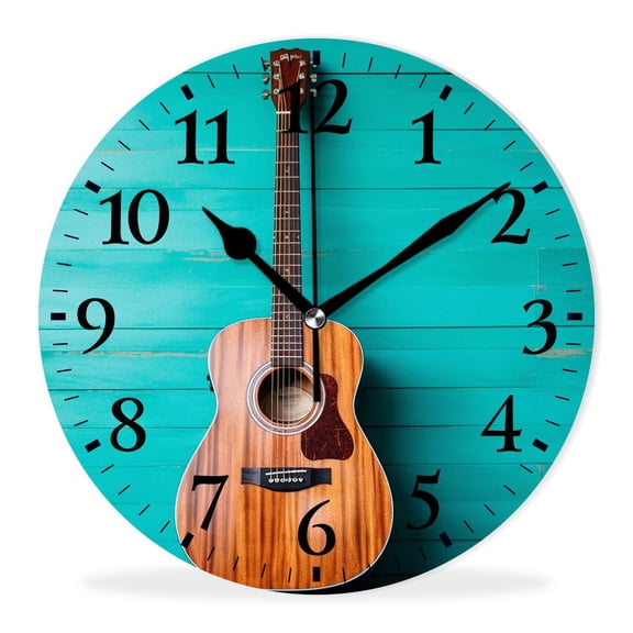 Modern Wall Clocks Non-Ticking Silent Battery Operated Analog Clock Decor Wall Clocks for Bathroom-Music Guitar on Blue Wooden(10inch)