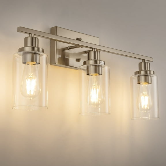 Modern Wall Lighting Vanity Light - 3 Head Nickel Finish E26 Socket, Metal & Glass Fixture, Max 60W Bulb (Not Included)