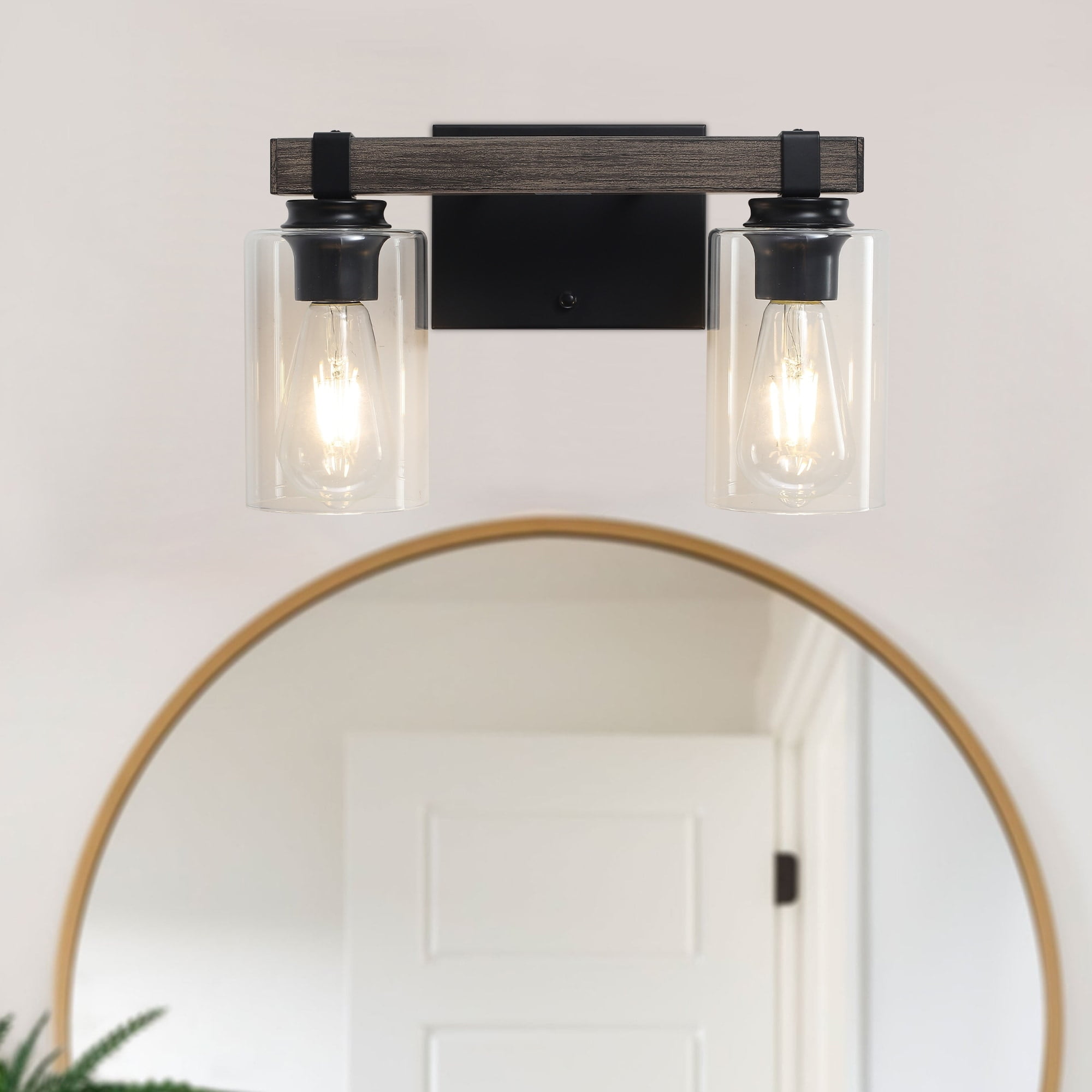14.96'' Black and Wood Grain Metal Vanity Light with Clear Glass Shades