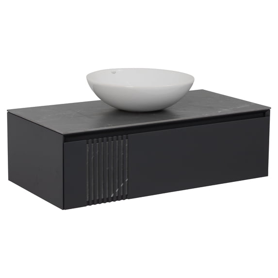 Modern Wall-Mount Bathroom Vanity with Washbasin | Manhattan Concrete Collection | Non-Toxic Fire-Resistant MDF-14W+40+40+14B-Omega Collection R-line 32"