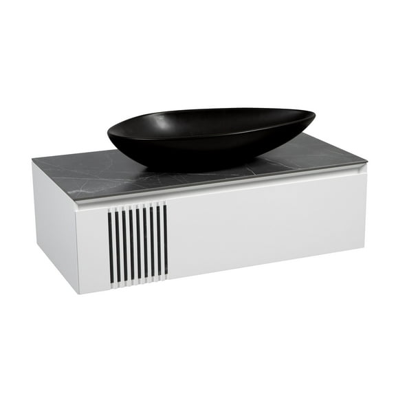 Modern Wall-Mount Bathroom Vanity with Washbasin | Manhattan White Matte Collection | Non-Toxic Fire-Resistant MDF-14B+40+40+14B-Omega Collection R-line 24"