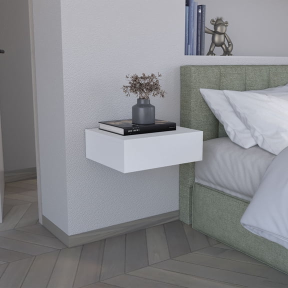 Modern Wall Mount Floating Nightstand with Storage Drawer, Space Saving Floating Bedside Shelf, White Particle Board Cabinet for Bedroom