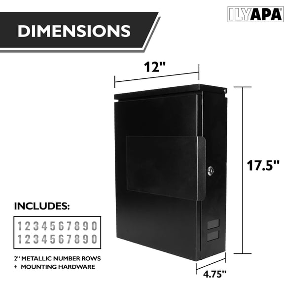 Modern Wall Mount Mailbox with Lock and Keys - Large Black Security Box for Outside