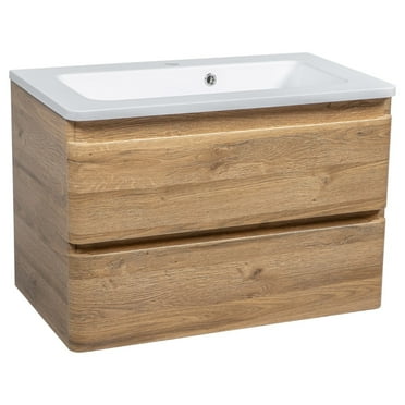 Modern Wall-Mounted Bathroom Vanity with Washbasin | Comfort Teak Natural Collection with Side Vanity Cabinet | Non-Toxic Fire-Resistant MDF-52" (12+28+12)-Simple Collection 24"