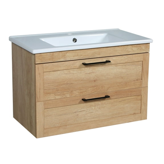 Modern Wall-Mounted Bathroom Vanity with Washbasin | Palm Beach Teak Natural Collection | Non-Toxic Fire-Resistant MDF-26"-Omega Collection R-line 32"