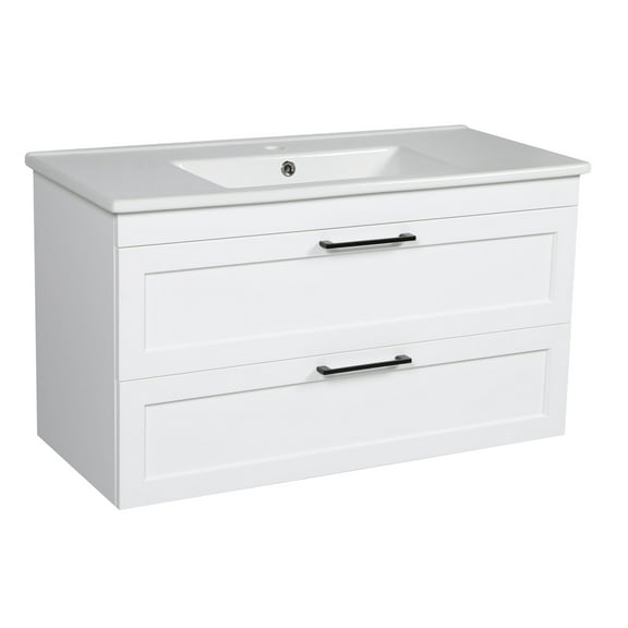 Modern Wall-Mounted Bathroom Vanity with Washbasin | Palm Beach White High Gloss Collection | Non-Toxic Fire-Resistant MDF-30"-Omega Collection R-line 32"