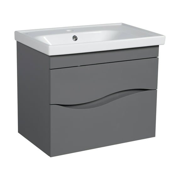 Modern Wall-Mounted Bathroom Vanity with Washbasin | Wave Gray Matte Collection | Non-Toxic Fire-Resistant MDF-64" (32+32)-Omega Collection R-line 24"