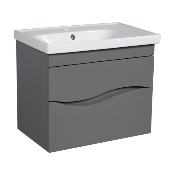 Modern Wall-Mounted Bathroom Vanity with Washbasin | Wave Gray Matte Collection with Side Vanity Cabinet | Non-Toxic Fire-Resistant MDF-50" (12+26+12)-Diamond Collection 24"