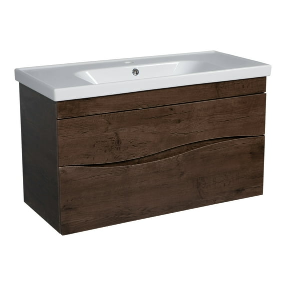 Modern Wall-Mounted Bathroom Vanity with Washbasin | Wave Rosewood Collection with Side Vanity Cabinet | Non-Toxic Fire-Resistant MDF-64" (12+40+12)-Diamond Collection 24"
